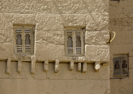 Wooden Windows On A Adobe And Painted Building Wadi Doan, Yemen