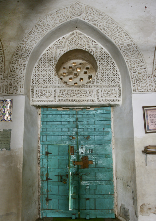 Sculpted Porch Over A Turquoise Door In A Mosque, Zabid, Yemen