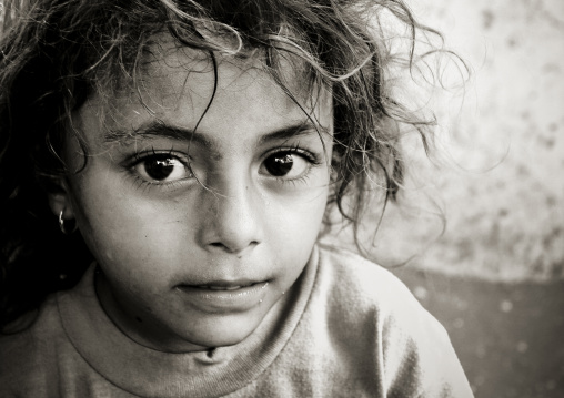 Black And White Portrait Of A Yemeni Little Girl With Big Dark Eyes, Yemen