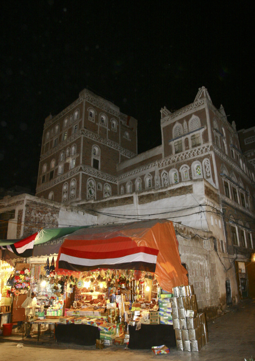 Shop In Sanaa Old Souq, Covered With Yemeni Flags, Yemen