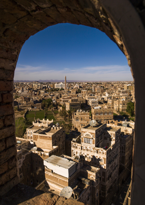 Traditional houses in the old city featuring ornamental facades, Amanat Al-Asemah, Sanaa, Yemen