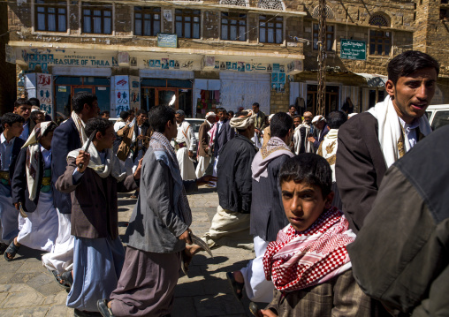 Yemeni men dancing with jambiyas during a wedding, Amran Governorate, Thula, Yemen