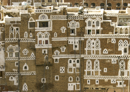 Traditional houses in the old city featuring ornamental facades, Amanat Al-Asemah, Sanaa, Yemen