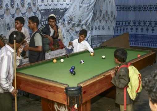 Yemeni young men playing snooker, Ibb Governorate, Jibla, Yemen