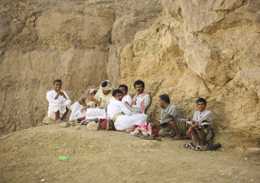 Yemeni men chewing khat, Marib Governorate, Marib, Yemen