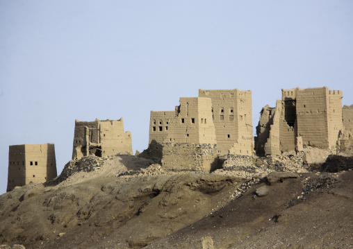 Ruined multi-storey houses made of mud in the old town, Marib Governorate, Marib, Yemen