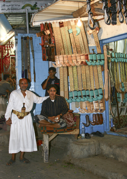 Yemeni men in front of a jambiyas shop, Al Hudaydah Governorate, Hodeidah, Yemen