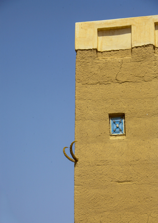 Ibex horns on the wall of a traditional house, Hadhramaut, Seiyun, Yemen