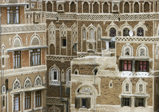 Traditional houses in the old city featuring ornamental facades, Amanat Al-Asemah, Sanaa, Yemen