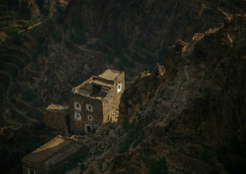 High angle view of a fortified village in the mountain, Amran Governorate, Shaharah, Yemen