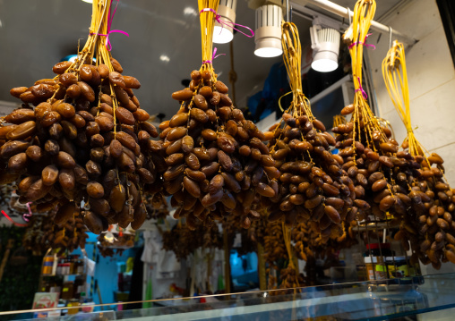 Hanging dates for sale in a shop, North Africa, Algiers, Algeria