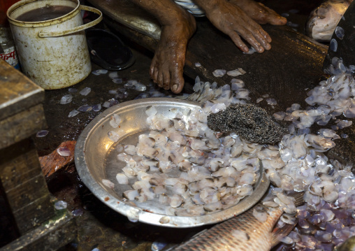 Bangladeshi man collecting fish scales at fish market, Dhaka Division, Dhaka, Bangladesh