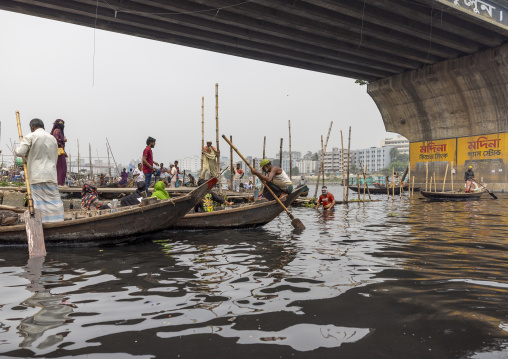 Local boats passing under Buriganga river bridge, Dhaka Division, Keraniganj, Bangladesh