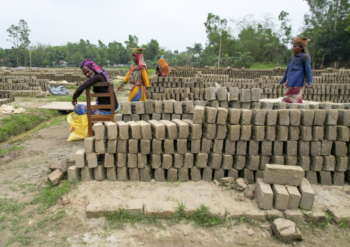 Bangladeshi brick field workers arranging bricks, Sylhet Division, Bahubal, Bangladesh