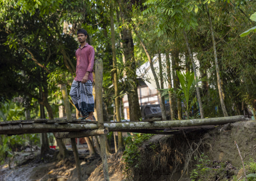 Bangladeshi man crossing a bridge made of tree trunks in the Sundarbans, Barisal Division, Banaripara, Bangladesh