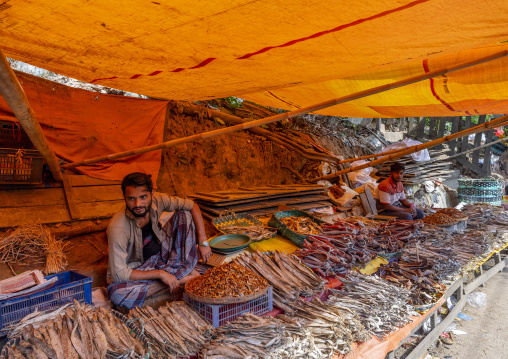 Bangladeshi men selling dried fishes at market, Chittagong Division, Rangamati Sadar, Bangladesh