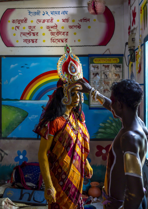 Devotee dressing in a school for Charak Puja hindu festival, Sylhet Division, Kamalganj, Bangladesh