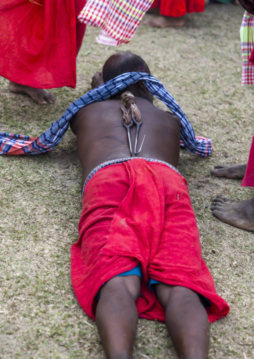 Devotee with hook in the back for a body suspension during Charak Puja, Sylhet Division, Kamalganj, Bangladesh