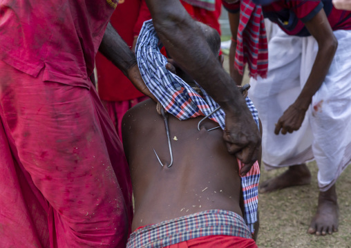 Devotee with hook in the back for a body suspension during Charak Puja, Sylhet Division, Kamalganj, Bangladesh