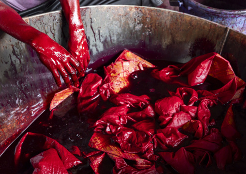 Bangladeshi man dyeing fabrics in red in a batik factory, Chittagong Division, Comilla, Bangladesh