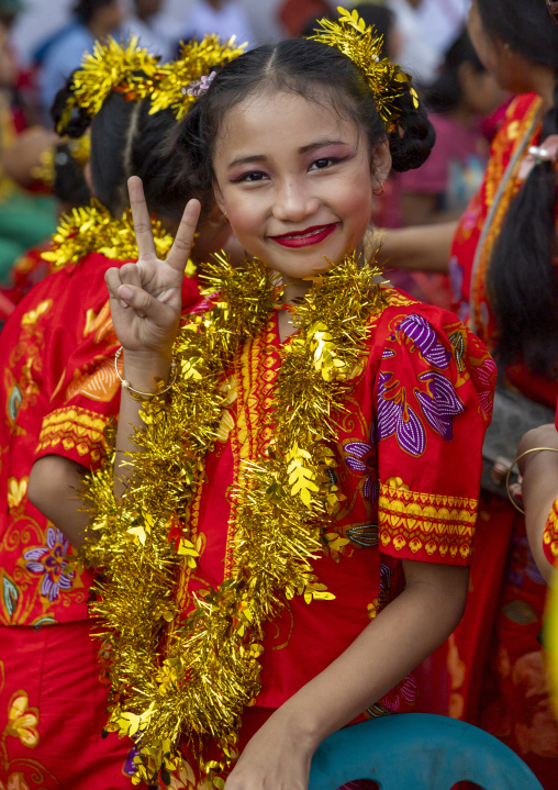 Marma ethnic group girl dressed for Sangrai festival, Chittagong Division, Bandarban, Bangladesh