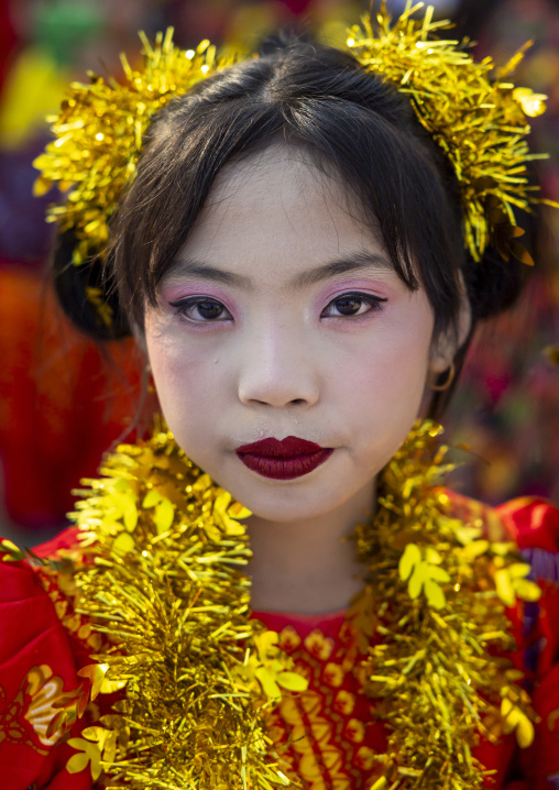 Marma ethnic group girl dressed for Sangrai festival, Chittagong Division, Bandarban, Bangladesh
