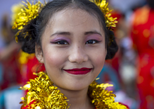 Marma ethnic group girl dressed for Sangrai festival, Chittagong Division, Bandarban, Bangladesh