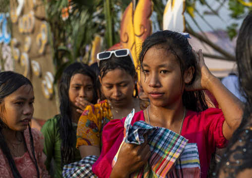Wet Marma girls after water fight during Sangrai, Chittagong Division, Bandarban, Bangladesh