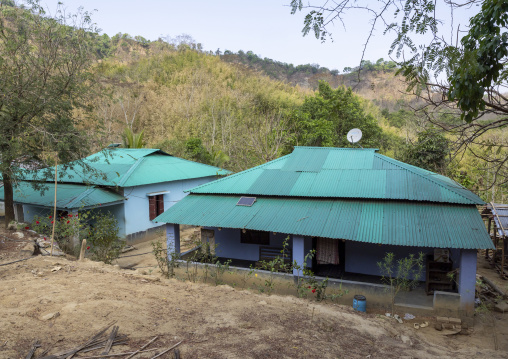 Solar panel and satellite dish in a Tripura tribe village, Chittagong Division, Rowangchhari, Bangladesh
