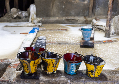 Buckets in a salt factory, Chittagong Division, Chittagong, Bangladesh