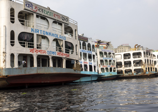 Anchored ferry vessels at the dockyard, Dhaka Division, Keraniganj, Bangladesh