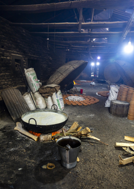 Clay pots around a bonfire to make traditional yogurt, Rajshahi Division, Bogura, Bangladesh