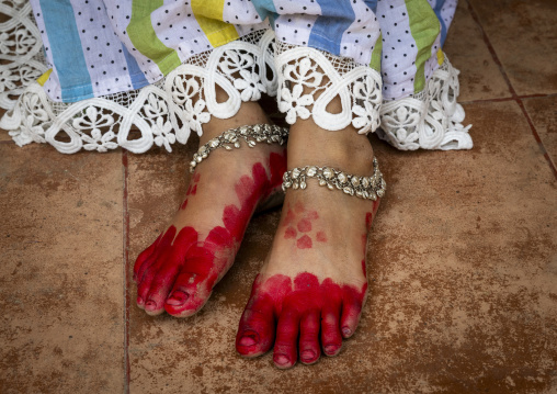 Bangladeshi girl red feet in Kantajew hindu Temple, Rangpur Division, Dinajpur, Bangladesh