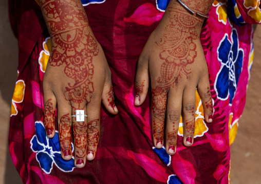 Hands with henna of a christian woman from Santal ethnic group, Rajshahi Division, Tanore, Bangladesh