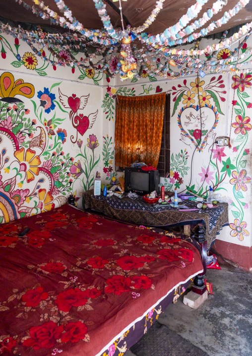 Traditional colorful wall painting in a bangladeshi house, Rajshahi Division, Tikoil, Bangladesh