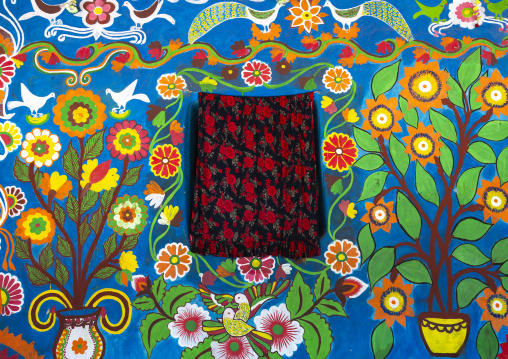 Traditional colorful wall painting in a bangladeshi house, Rajshahi Division, Tikoil, Bangladesh