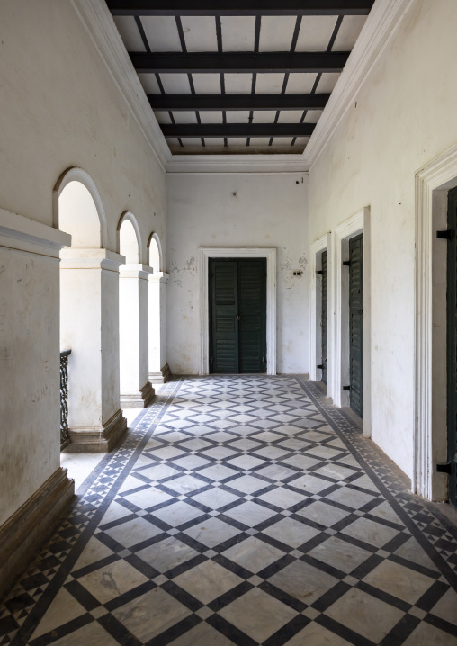 Natore Rajbari corridor with tiles on the floor, Rajshahi Division, Natore, Bangladesh