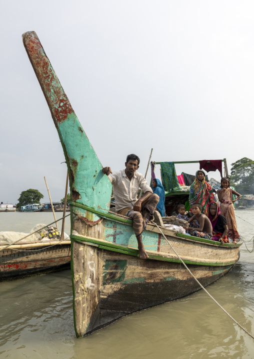 River gypsy family living on a boat , Barisal Division, Barisal, Bangladesh