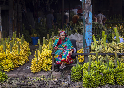 Bangladeshi old woman selling bananas in at Kawran Bazar, Dhaka Division, Dhaka, Bangladesh