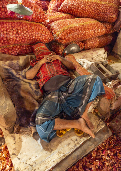 Man sleeping on onions bags at Kawran Bazar market, Dhaka Division, Dhaka, Bangladesh