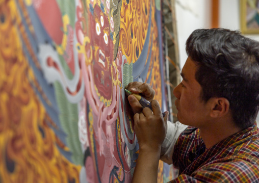 LhaZo art of painting of a thangka in Zorig Chosum, Chang Gewog, Thimphu, Bhutan