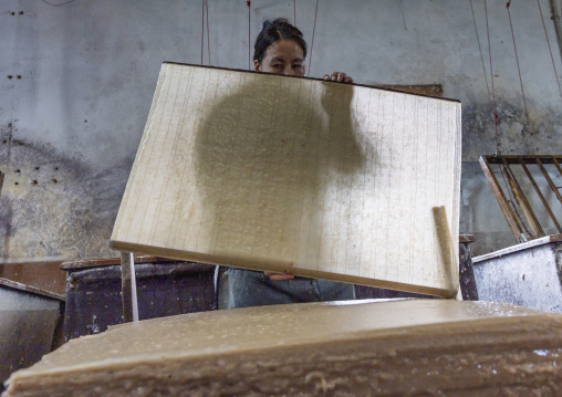 Bhutanese woman making paper using traditional methods, Chang Gewog, Thimphu, Bhutan
