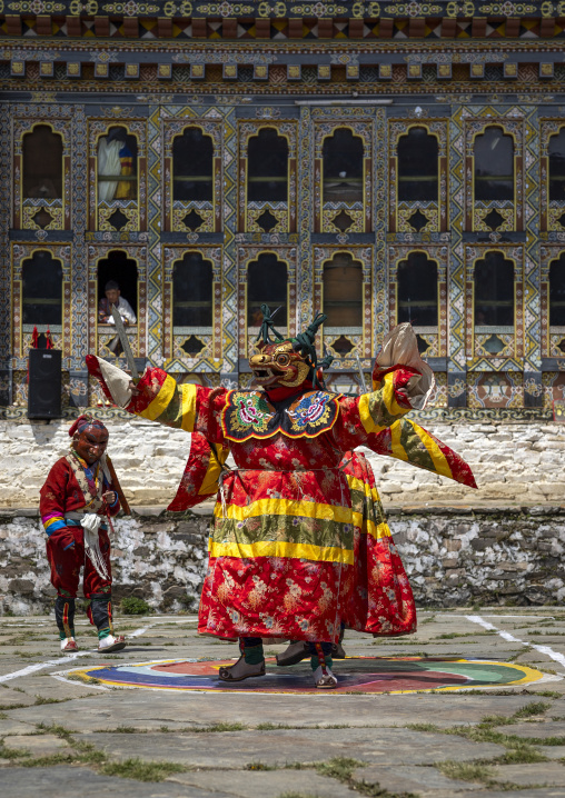 Mask dancers at the annual Ura Yakchoe festival, Bumthang, Ura, Bhutan