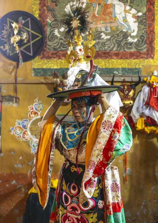 Preparation of the dance of the hats in Ura Yakchoe festival, Bumthang, Ura, Bhutan