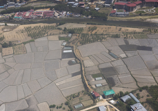 Aerial view of fields, Wangchang Gewog, Paro, Bhutan