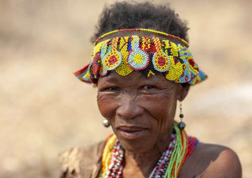 San woman smiling, Otjozondjupa, Tsumkwe, Namibia