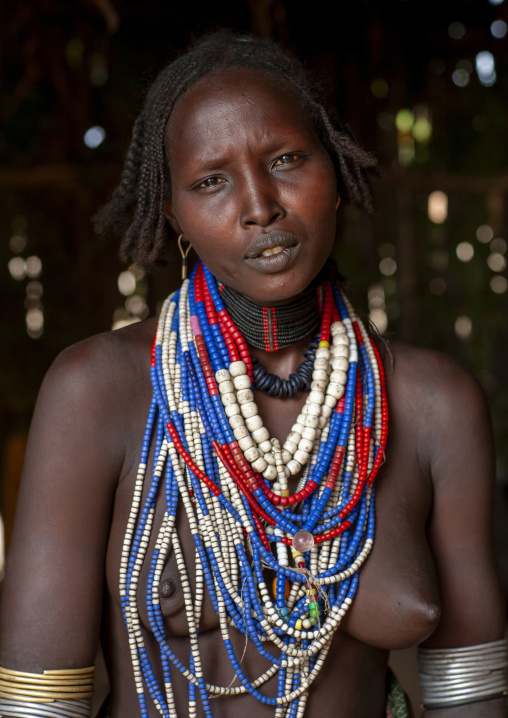 Portrait of erbore tribe woman wearing beaded necklace, Omo Valley, Yabello, Ethiopia
