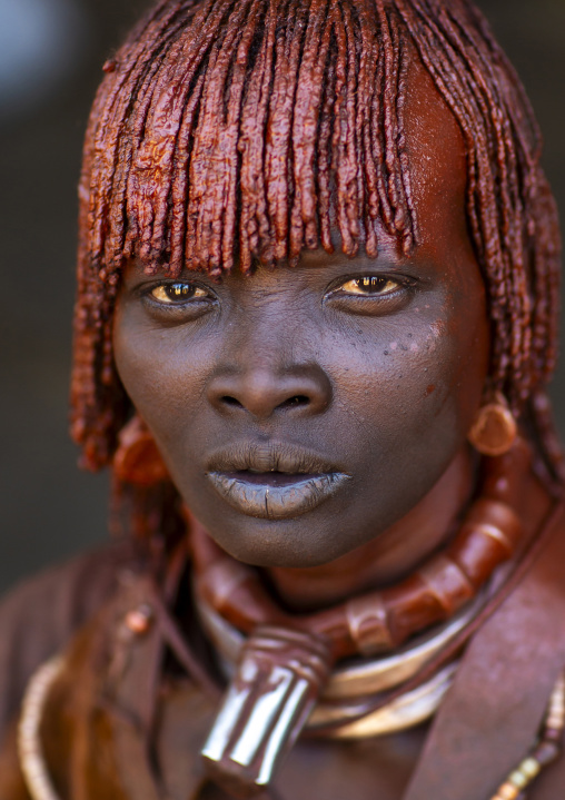 Hamer tribe woman with first wife necklace, Turmi, Omo valley, Ethiopia