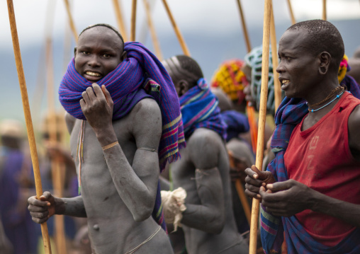 Warriors during Donga stick fighting in Surma tribe, Omo valley, Kibish, Ethiopia