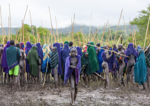 Warriors during Donga stick fighting in Surma tribe, Omo valley, Kibish, Ethiopia